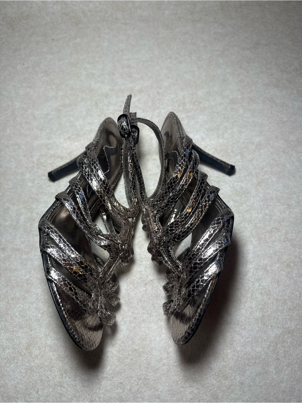 Nina Metallic Silver Snakeskin Strappy High Stiletto High Heels Size US 7M - Picture 4 of 7